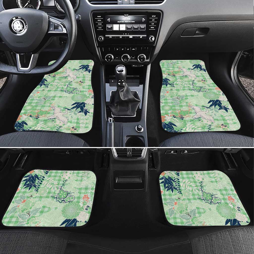 Green Palaka Crane and Flowers Car Mats Japan Heritage Spirit LT9 Set 4pcs Green - Polynesian Pride