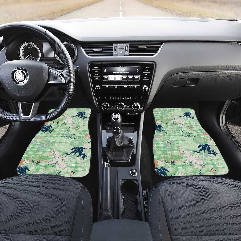 Green Palaka Crane and Flowers Car Mats Japan Heritage Spirit LT9 Set 2pcs - Front Green - Polynesian Pride