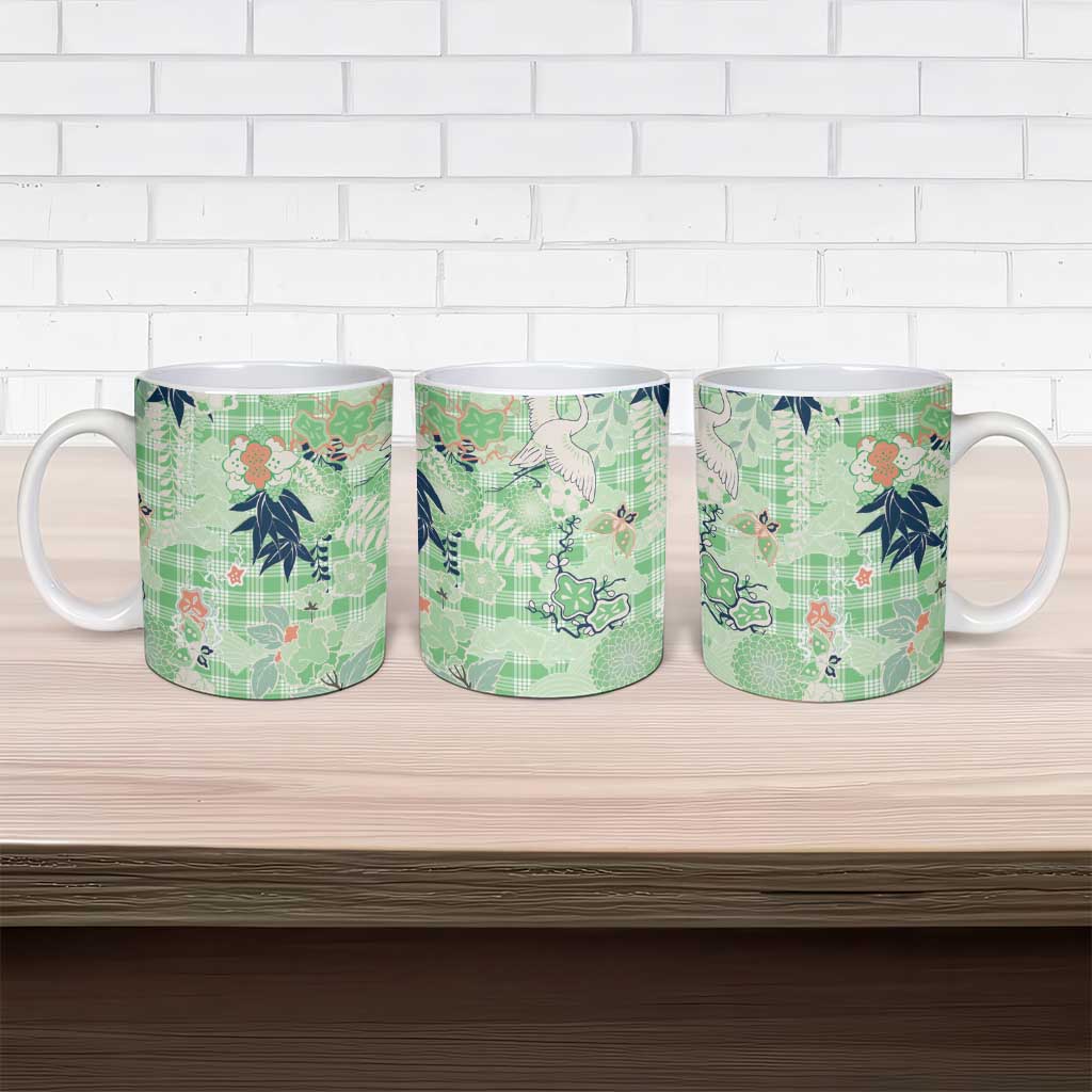 Green Palaka Crane and Flowers Ceramic Mug Japan Heritage Spirit - Polynesian Pride