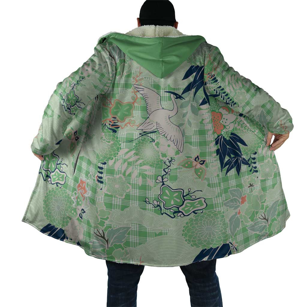 Green Palaka Crane and Flowers Cloak Japan Heritage Spirit - Polynesian Pride