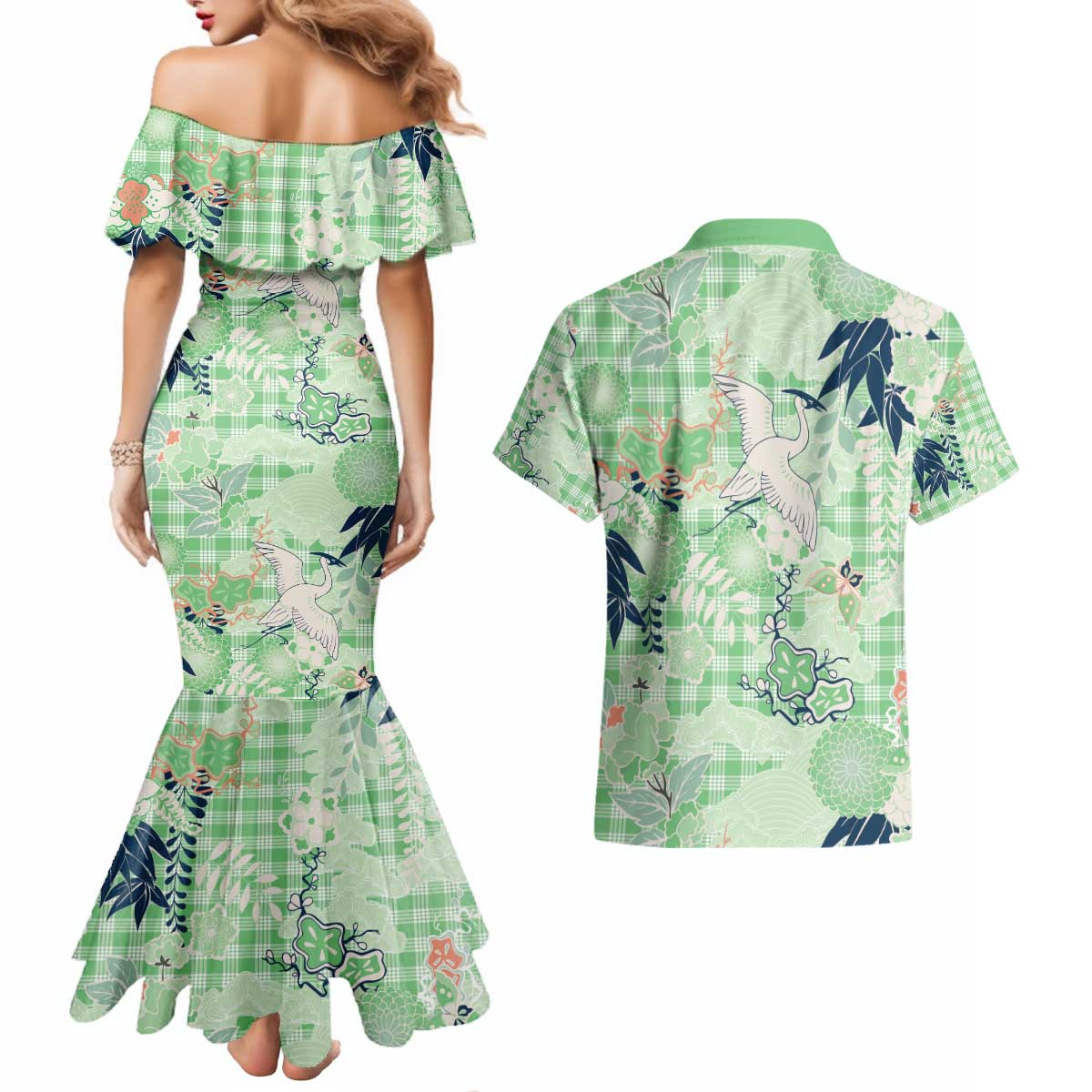 Green Palaka Crane and Flowers Couples Matching Mermaid Dress and Hawaiian Shirt Japan Heritage Spirit - Polynesian Pride