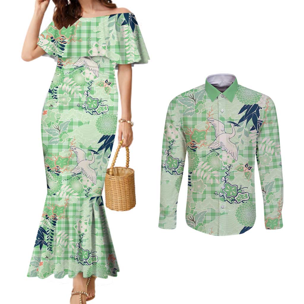 Green Palaka Crane and Flowers Couples Matching Mermaid Dress and Long Sleeve Button Shirt Japan Heritage Spirit LT9 Green - Polynesian Pride