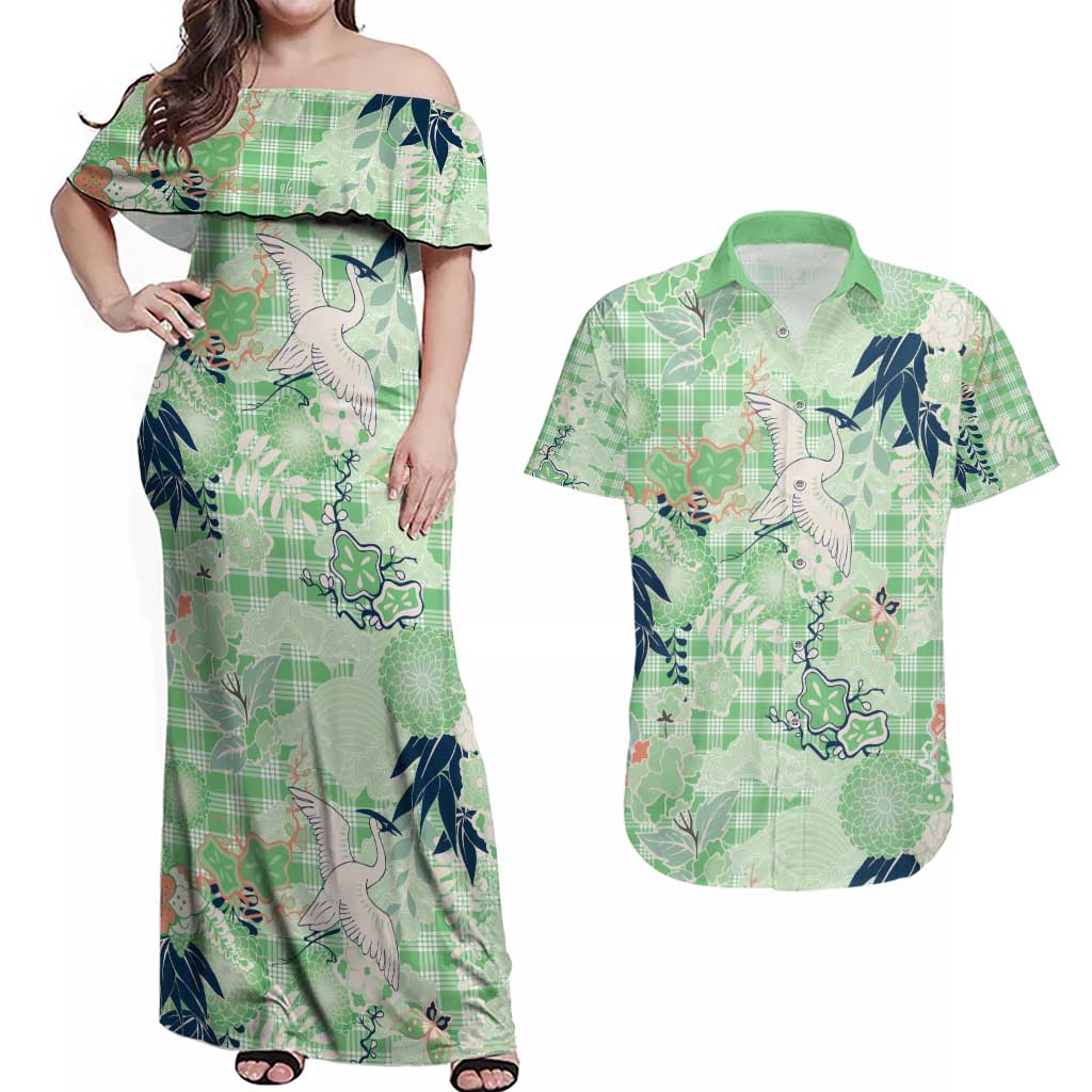 Green Palaka Crane and Flowers Couples Matching Off Shoulder Maxi Dress and Hawaiian Shirt Japan Heritage Spirit - Polynesian Pride