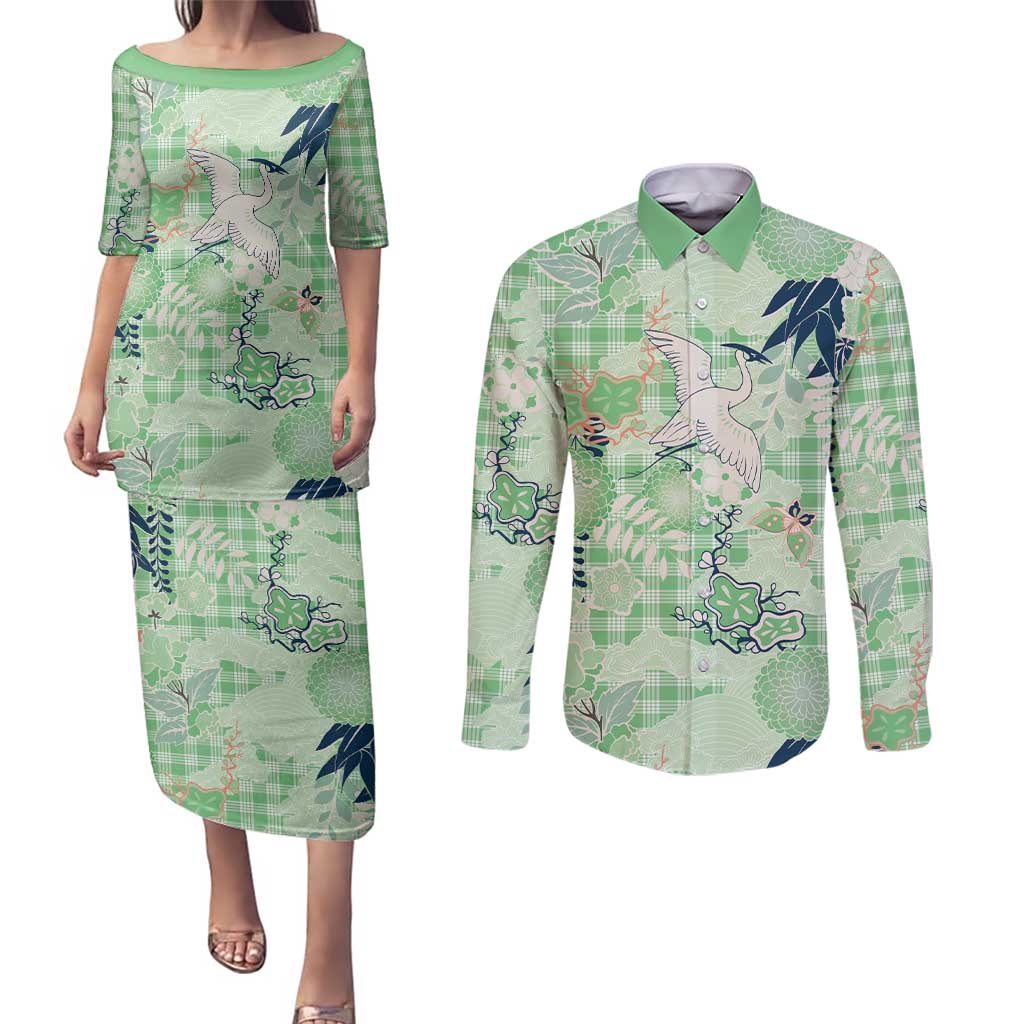 Green Palaka Crane and Flowers Couples Matching Puletasi and Long Sleeve Button Shirt Japan Heritage Spirit LT9 Green - Polynesian Pride
