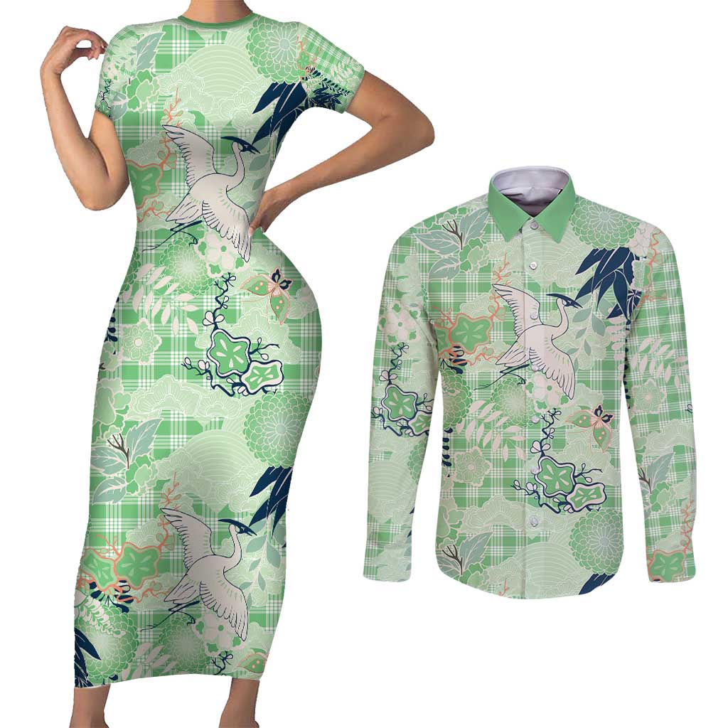 Green Palaka Crane and Flowers Couples Matching Short Sleeve Bodycon Dress and Long Sleeve Button Shirt Japan Heritage Spirit LT9 Green - Polynesian Pride