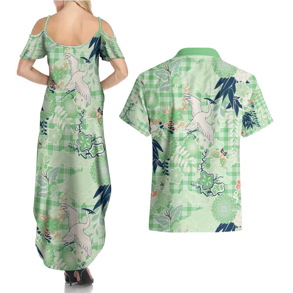 Green Palaka Crane and Flowers Couples Matching Summer Maxi Dress and Hawaiian Shirt Japan Heritage Spirit - Polynesian Pride