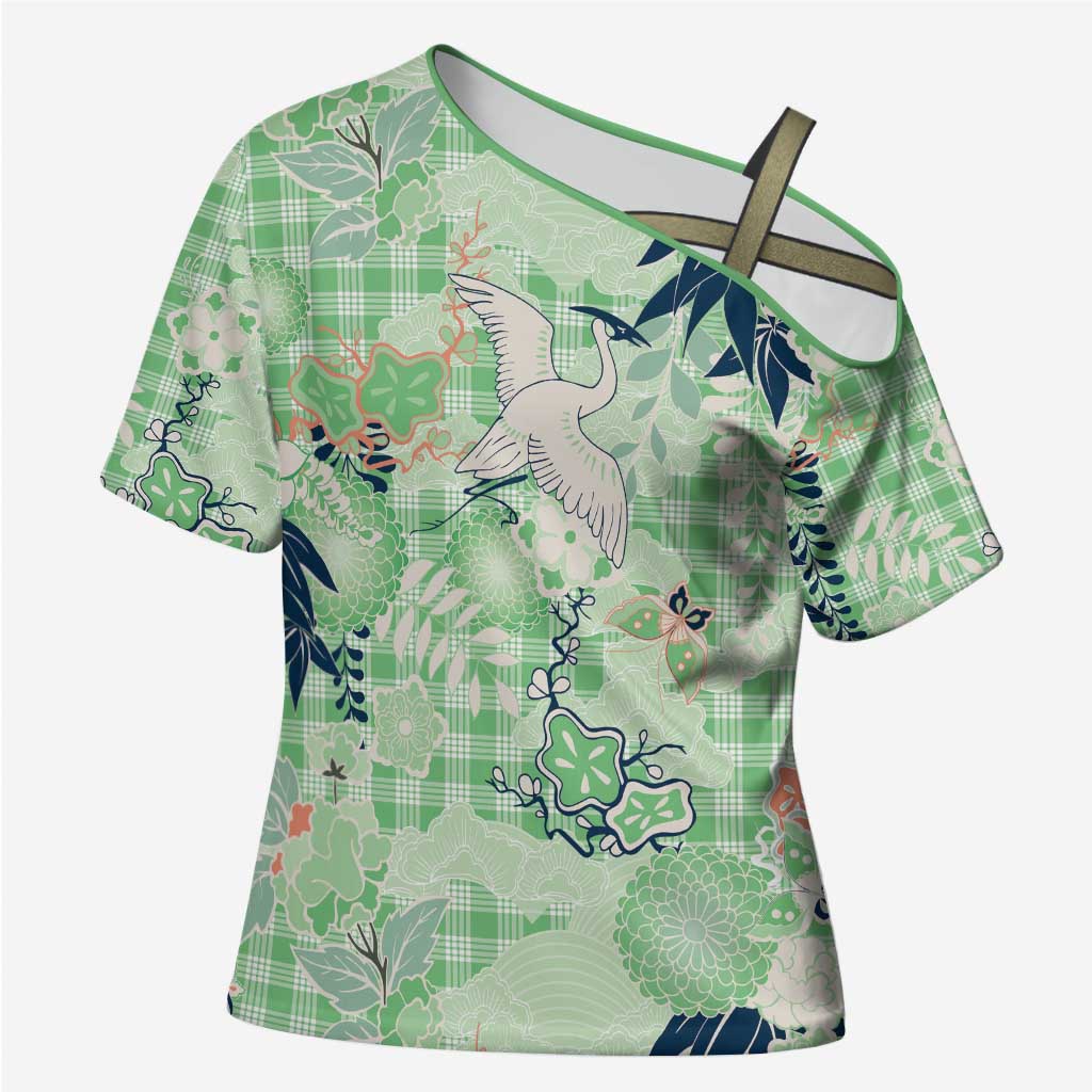 Green Palaka Crane and Flowers Cross Shoulder Shirt Japan Heritage Spirit LT9 Female Green - Polynesian Pride