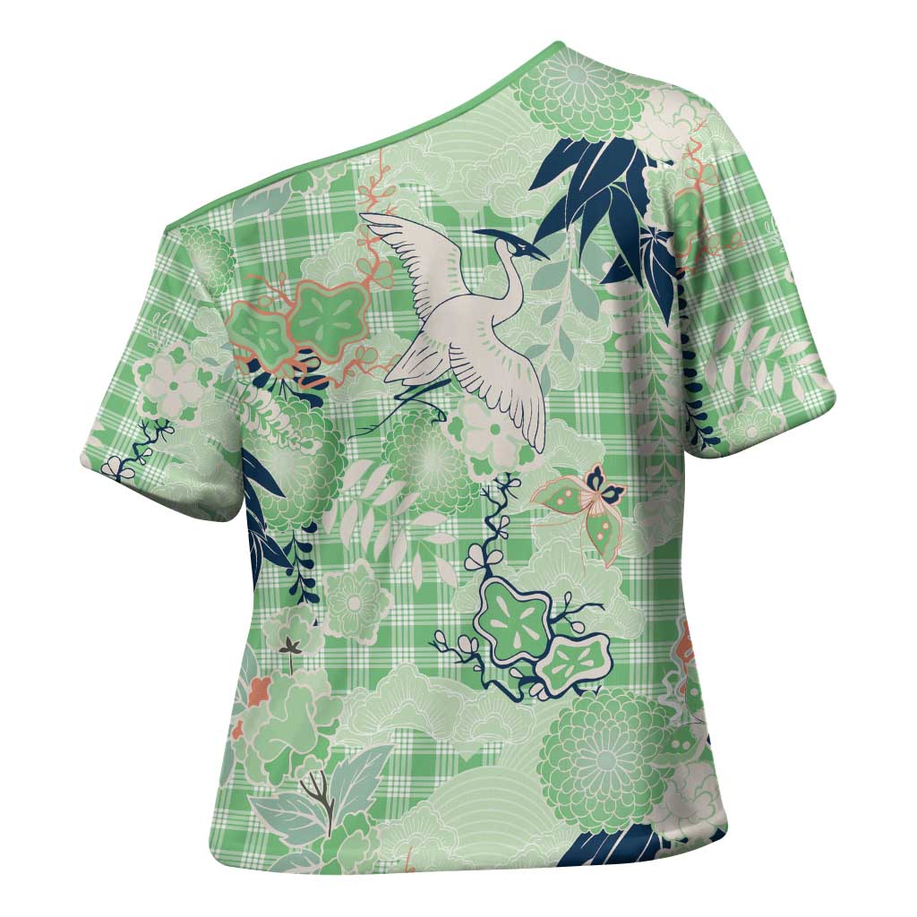 Green Palaka Crane and Flowers Cross Shoulder Shirt Japan Heritage Spirit LT9 - Polynesian Pride