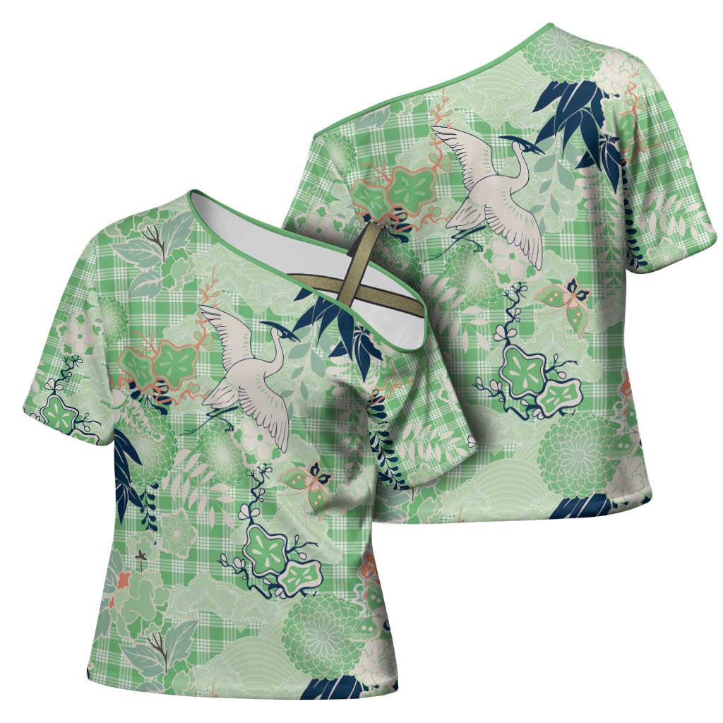 Green Palaka Crane and Flowers Cross Shoulder Shirt Japan Heritage Spirit LT9 - Polynesian Pride