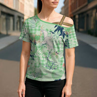 Green Palaka Crane and Flowers Cross Shoulder Shirt Japan Heritage Spirit LT9 - Polynesian Pride