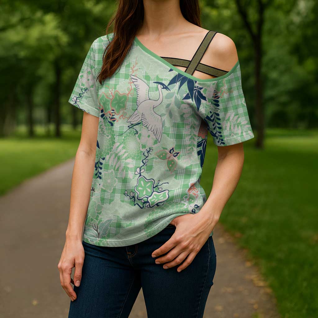Green Palaka Crane and Flowers Cross Shoulder Shirt Japan Heritage Spirit LT9 - Polynesian Pride