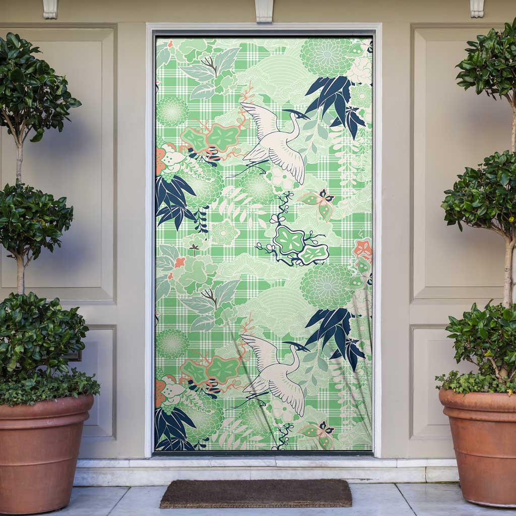 Green Palaka Crane and Flowers Door Cover Japan Heritage Spirit - Polynesian Pride