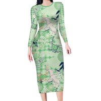 Green Palaka Crane and Flowers Family Matching Long Sleeve Bodycon Dress and Hawaiian Shirt Japan Heritage Spirit - Polynesian Pride