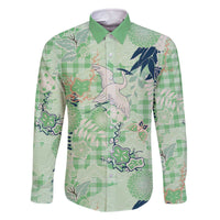 Green Palaka Crane and Flowers Family Matching Off The Shoulder Long Sleeve Dress and Hawaiian Shirt Japan Heritage Spirit - Polynesian Pride