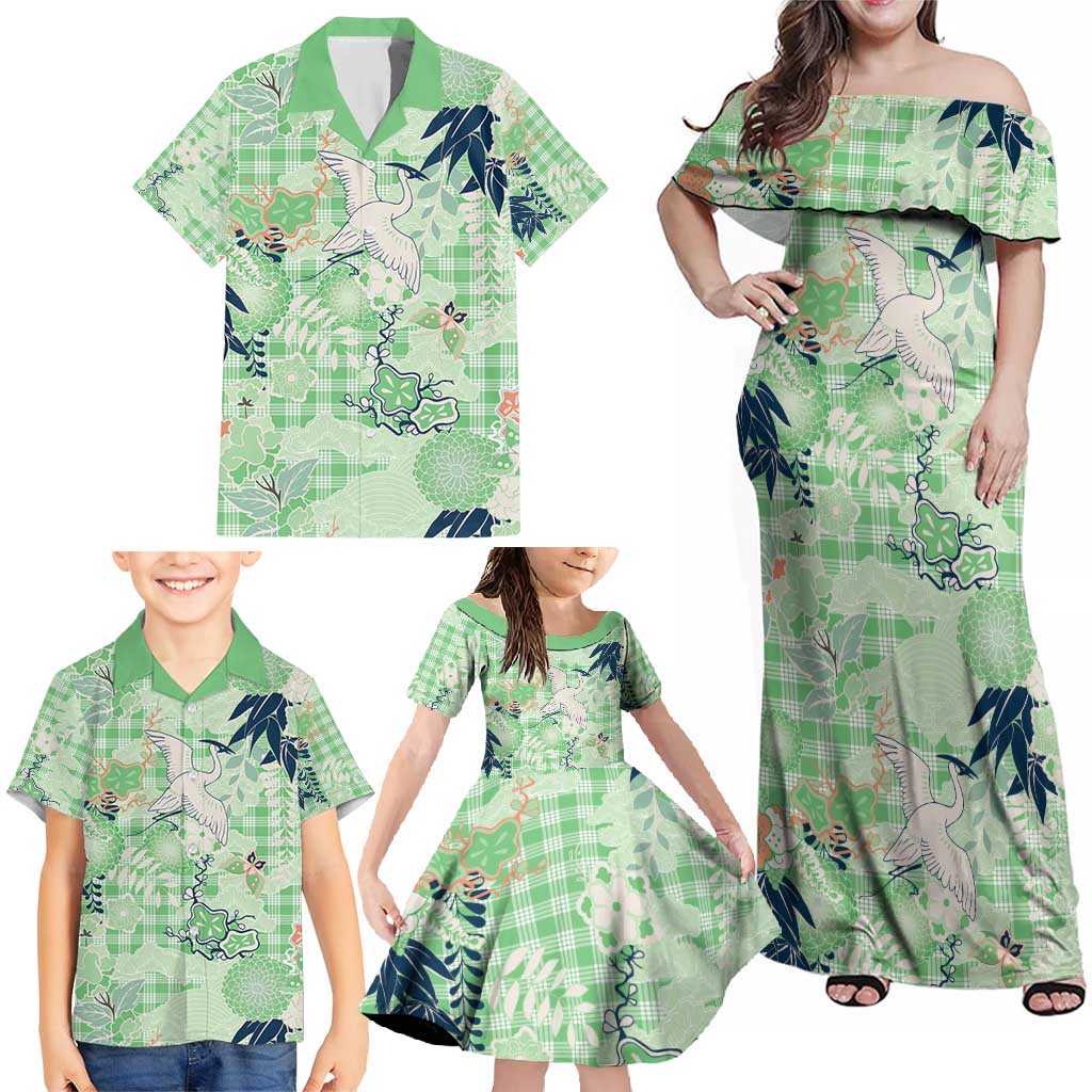 Green Palaka Crane and Flowers Family Matching Off Shoulder Maxi Dress and Hawaiian Shirt Japan Heritage Spirit - Polynesian Pride