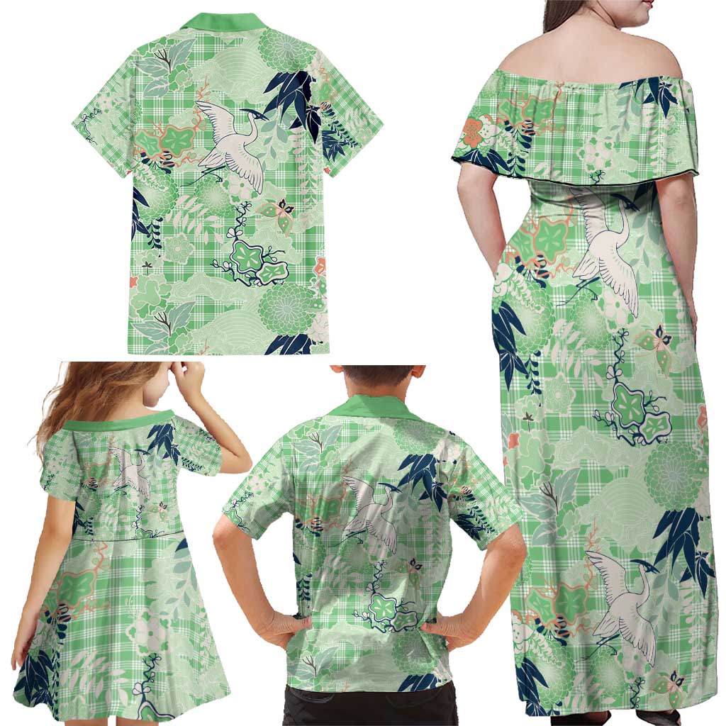 Green Palaka Crane and Flowers Family Matching Off Shoulder Maxi Dress and Hawaiian Shirt Japan Heritage Spirit - Polynesian Pride