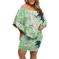 Green Palaka Crane and Flowers Family Matching Off Shoulder Short Dress and Hawaiian Shirt Japan Heritage Spirit - Polynesian Pride