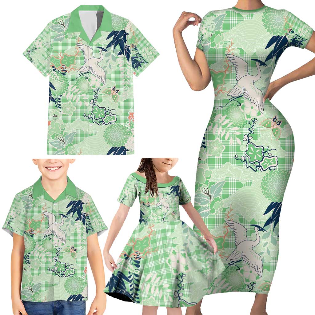 Green Palaka Crane and Flowers Family Matching Short Sleeve Bodycon Dress and Hawaiian Shirt Japan Heritage Spirit - Polynesian Pride
