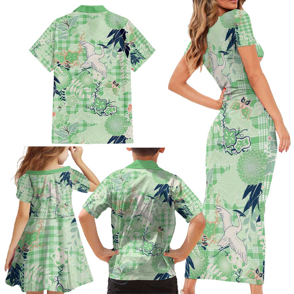 Green Palaka Crane and Flowers Family Matching Short Sleeve Bodycon Dress and Hawaiian Shirt Japan Heritage Spirit - Polynesian Pride