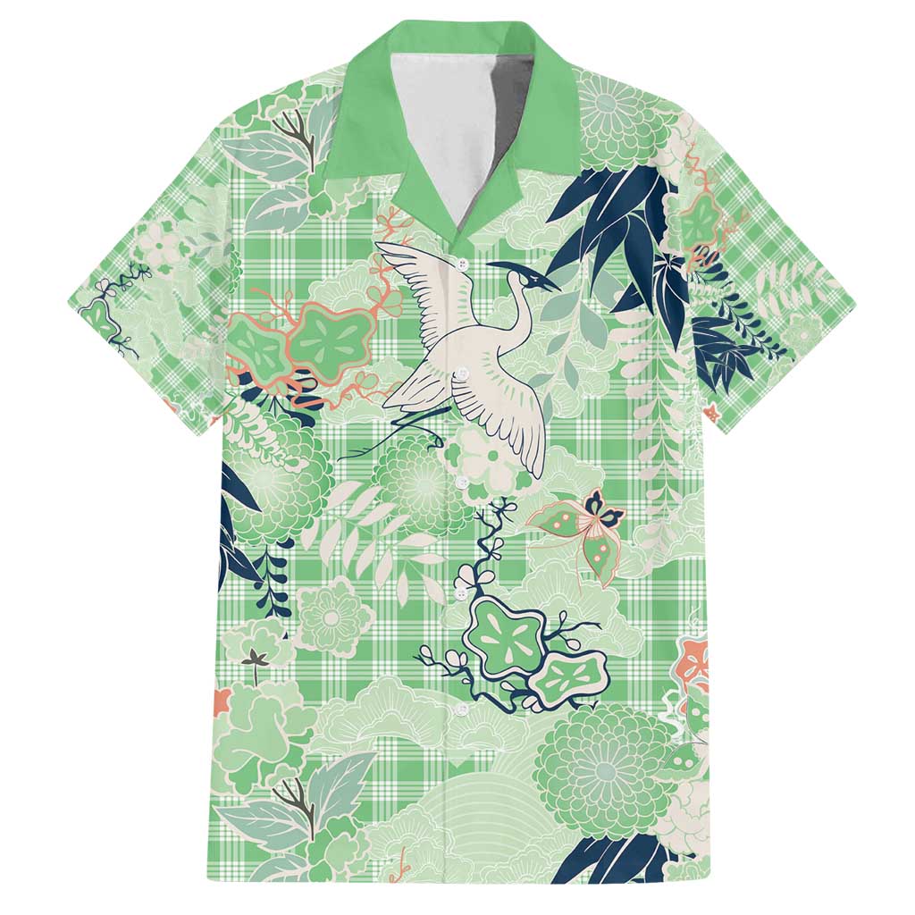 Green Palaka Crane and Flowers Family Matching Summer Maxi Dress and Hawaiian Shirt Japan Heritage Spirit - Polynesian Pride