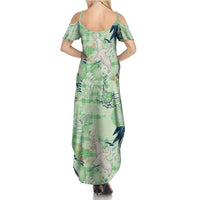 Green Palaka Crane and Flowers Family Matching Summer Maxi Dress and Hawaiian Shirt Japan Heritage Spirit - Polynesian Pride