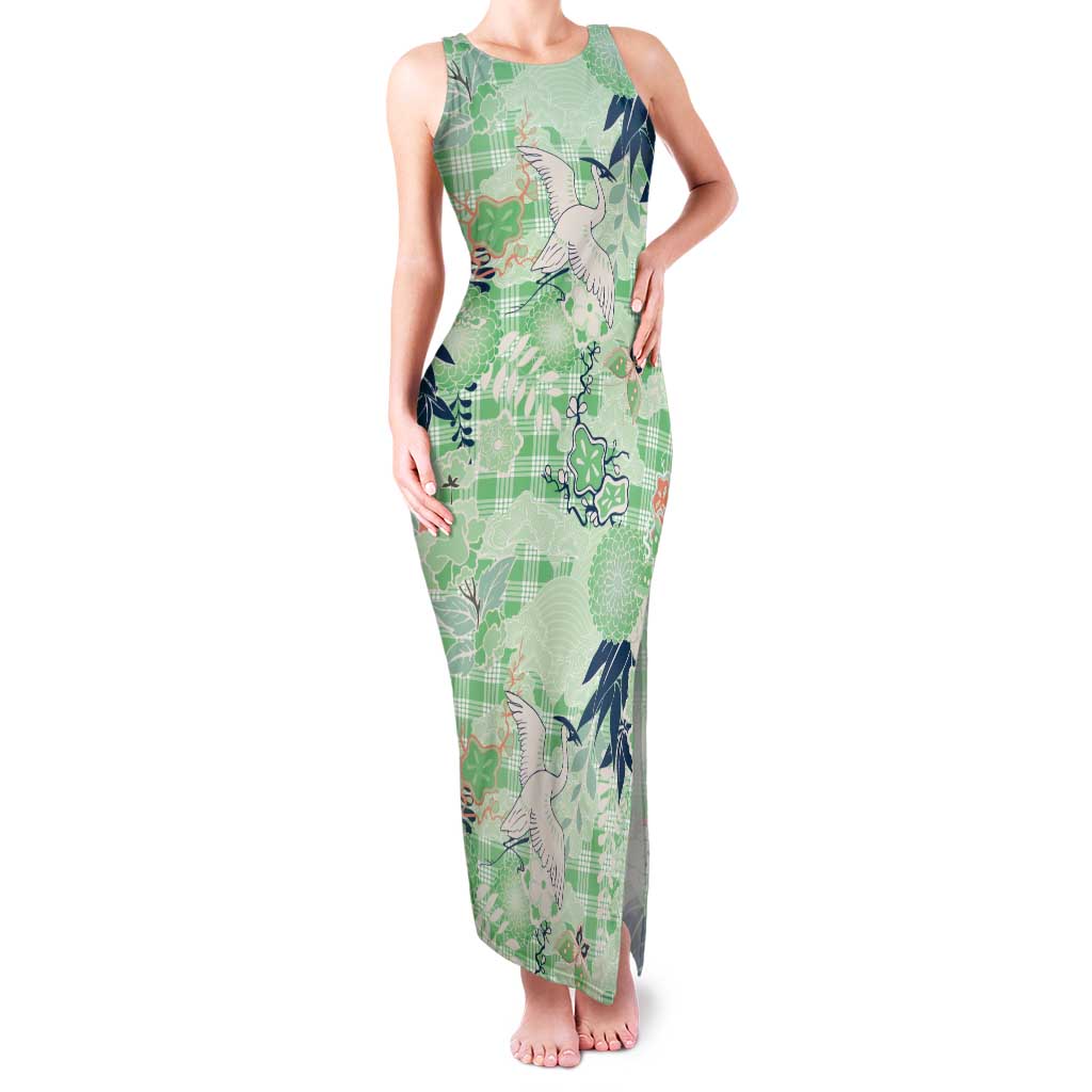 Green Palaka Crane and Flowers Family Matching Tank Maxi Dress and Hawaiian Shirt Japan Heritage Spirit - Polynesian Pride