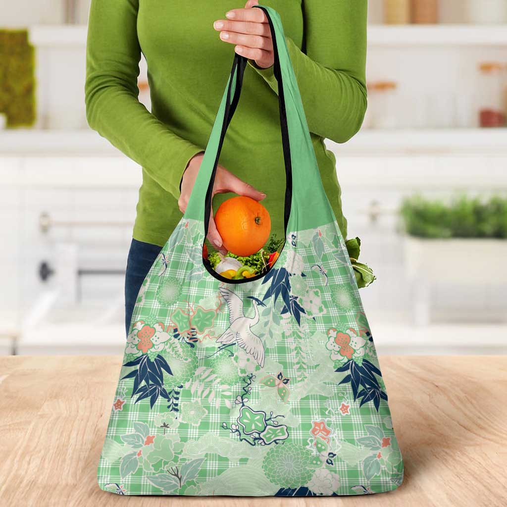 Green Palaka Crane and Flowers Grocery Bag Japan Heritage Spirit - Polynesian Pride