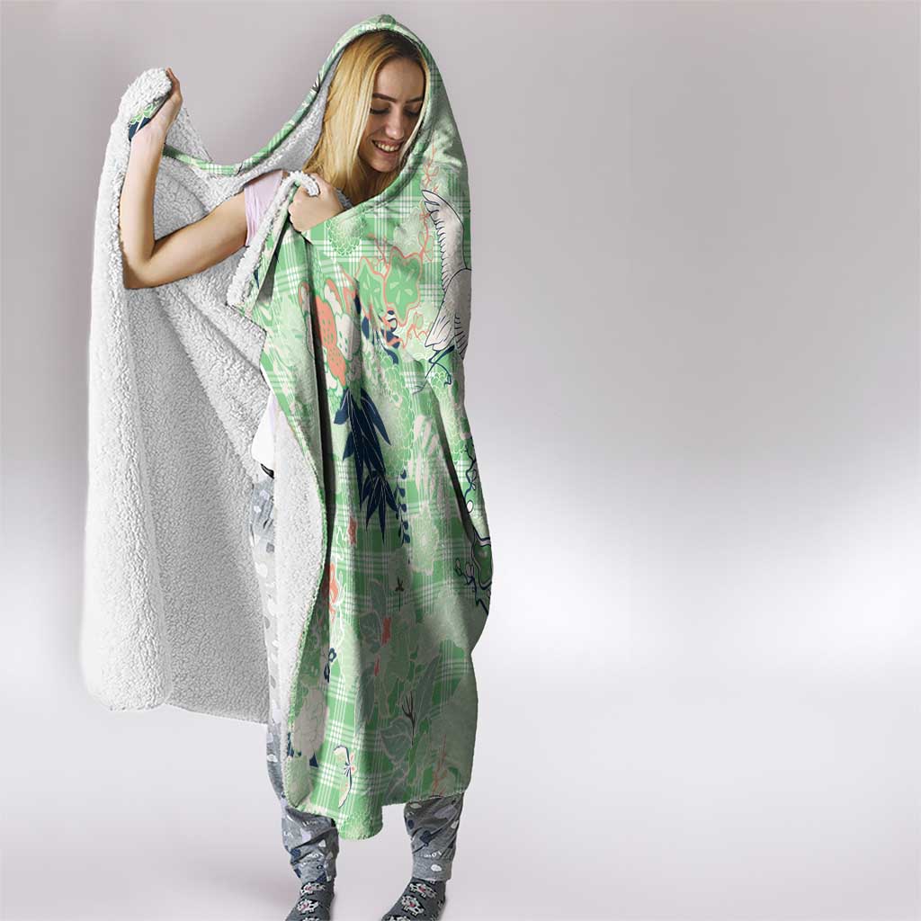 Green Palaka Crane and Flowers Hooded Blanket Japan Heritage Spirit - Polynesian Pride