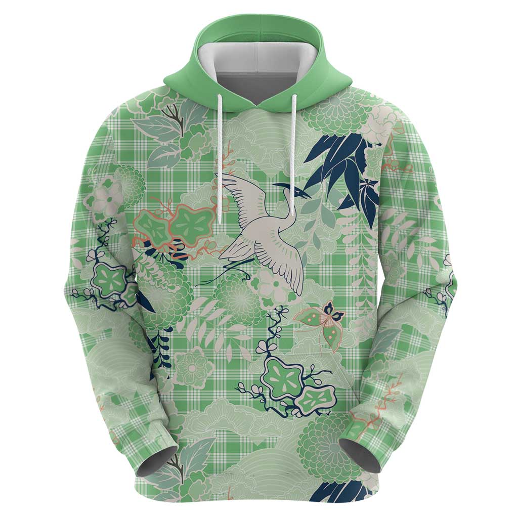 Green Palaka Crane and Flowers Hoodie Japan Heritage Spirit - Polynesian Pride