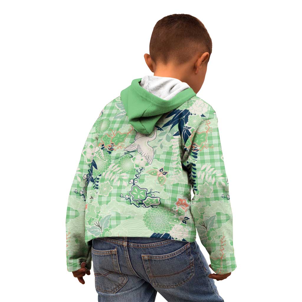 Green Palaka Crane and Flowers Kid Hoodie Japan Heritage Spirit - Polynesian Pride