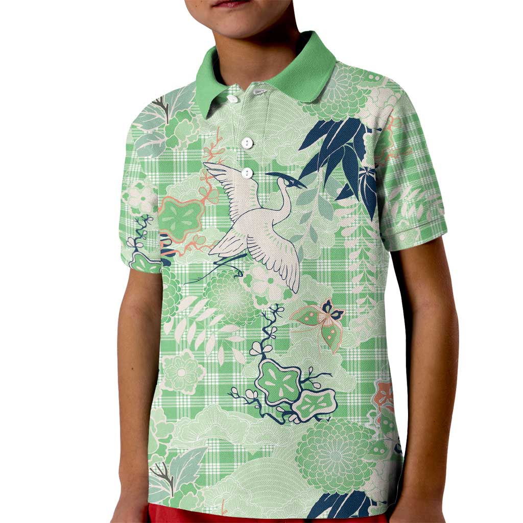 Green Palaka Crane and Flowers Kid Polo Shirt Japan Heritage Spirit - Polynesian Pride