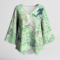 Green Palaka Crane and Flowers Kimono Sleeve Blouse Japan Heritage Spirit LT9 Female Green - Polynesian Pride