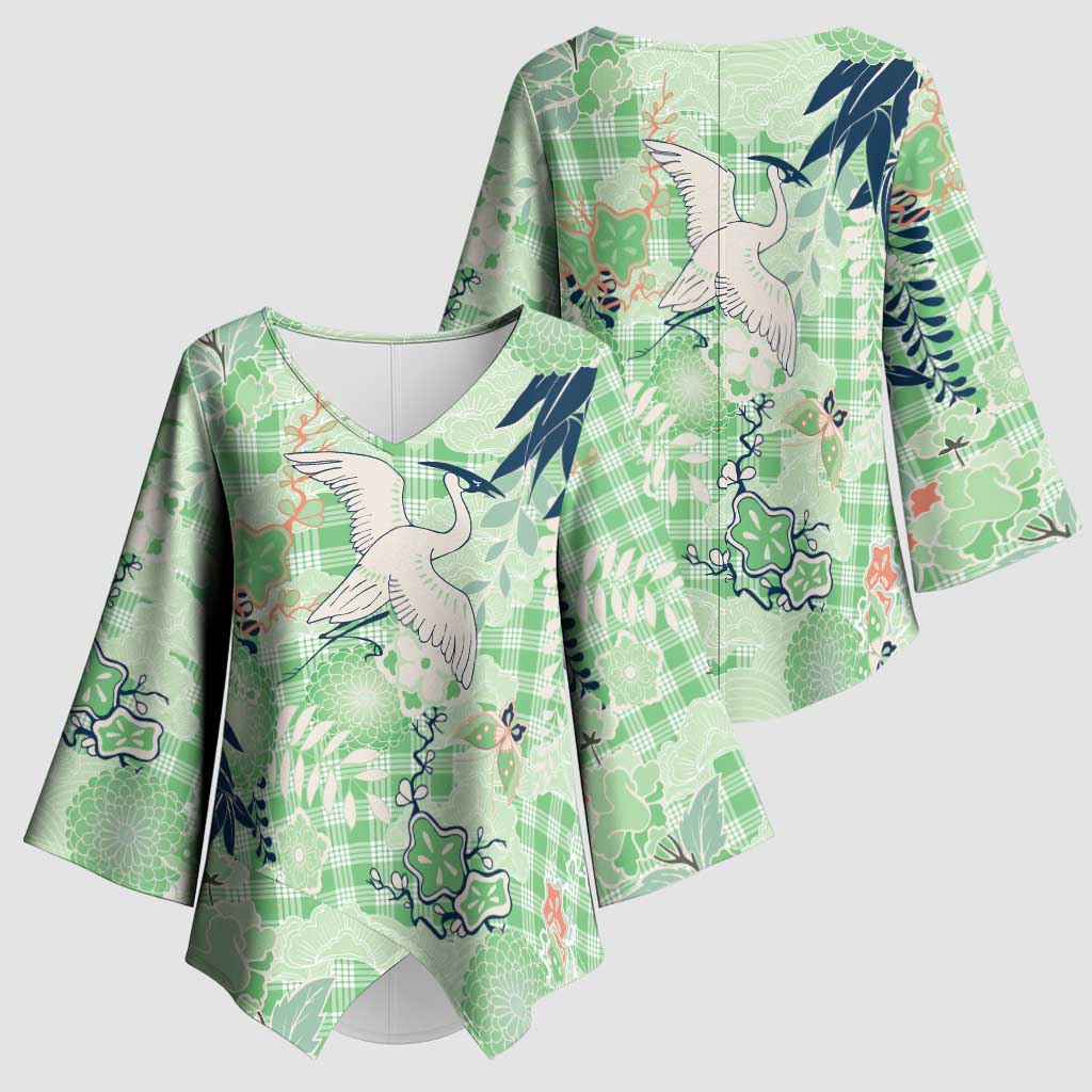 Green Palaka Crane and Flowers Kimono Sleeve Blouse Japan Heritage Spirit LT9 - Polynesian Pride
