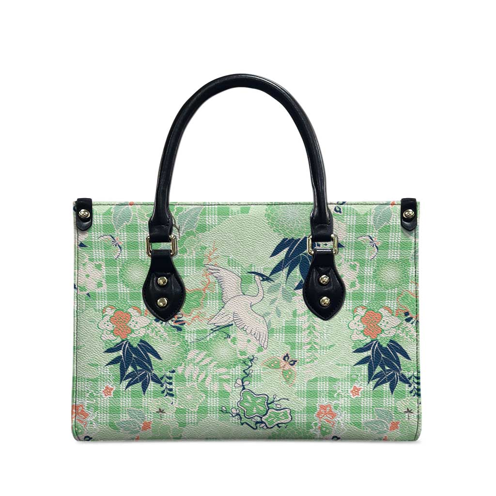 Green Palaka Crane and Flowers Leather Bag Japan Heritage Spirit - Polynesian Pride