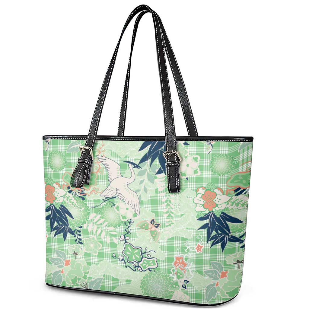 Green Palaka Crane and Flowers Leather Tote Bag Japan Heritage Spirit - Polynesian Pride