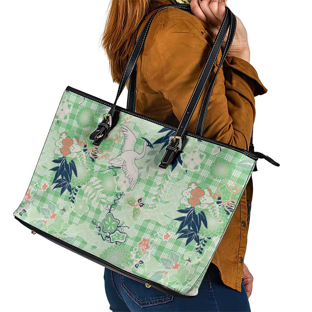 Green Palaka Crane and Flowers Leather Tote Bag Japan Heritage Spirit - Polynesian Pride