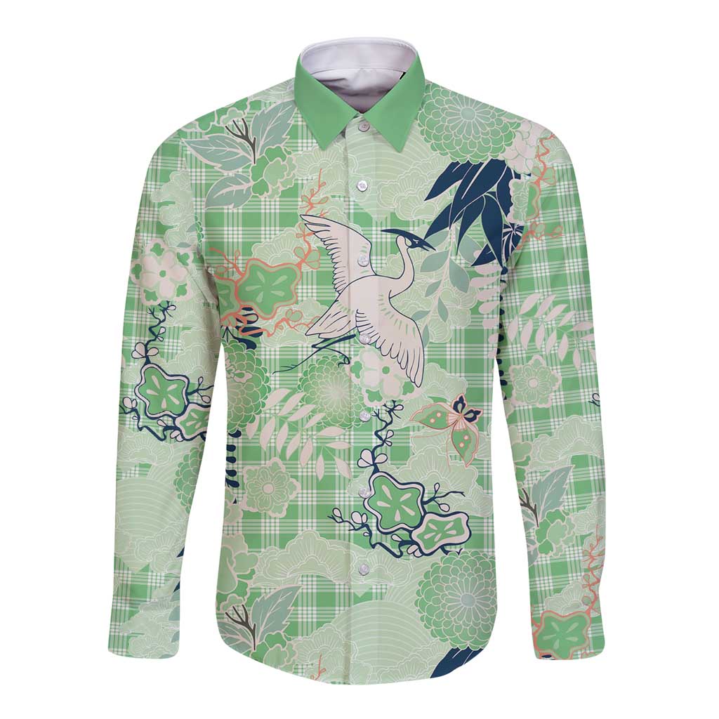 Green Palaka Crane and Flowers Long Sleeve Button Shirt Japan Heritage Spirit LT9 Unisex Green - Polynesian Pride
