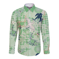 Green Palaka Crane and Flowers Long Sleeve Button Shirt Japan Heritage Spirit LT9 Unisex Green - Polynesian Pride
