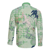 Green Palaka Crane and Flowers Long Sleeve Button Shirt Japan Heritage Spirit LT9 - Polynesian Pride