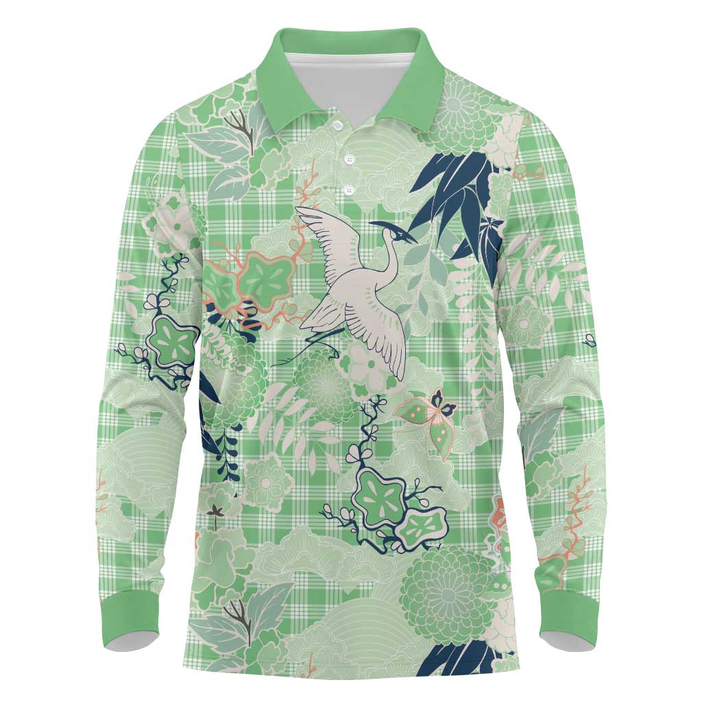 Green Palaka Crane and Flowers Long Sleeve Polo Shirt Japan Heritage Spirit LT9 Green - Polynesian Pride