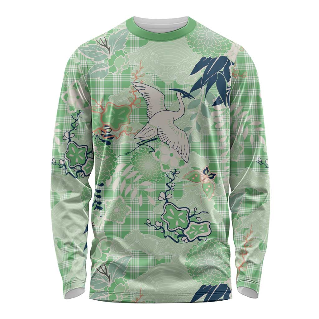 Green Palaka Crane and Flowers Long Sleeve Shirt Japan Heritage Spirit LT9 Unisex Green - Polynesian Pride