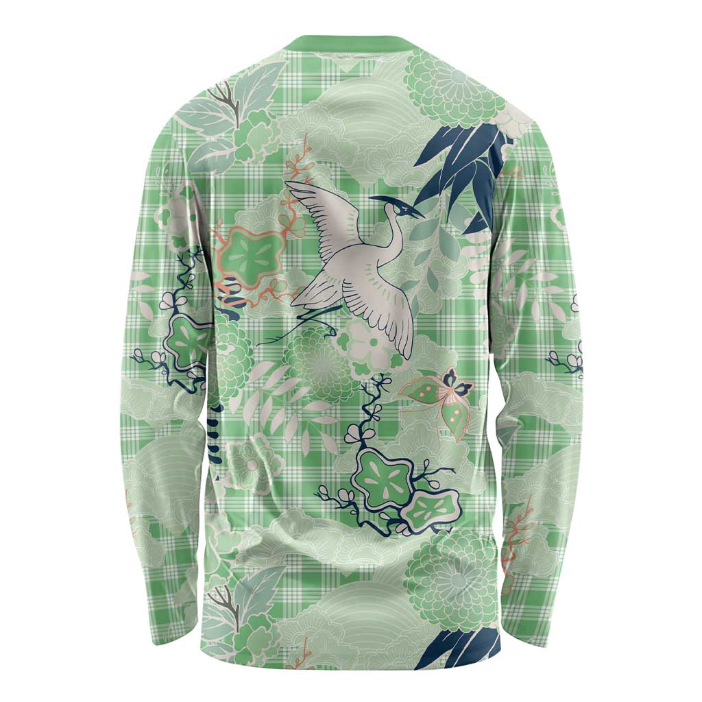 Green Palaka Crane and Flowers Long Sleeve Shirt Japan Heritage Spirit LT9 - Polynesian Pride