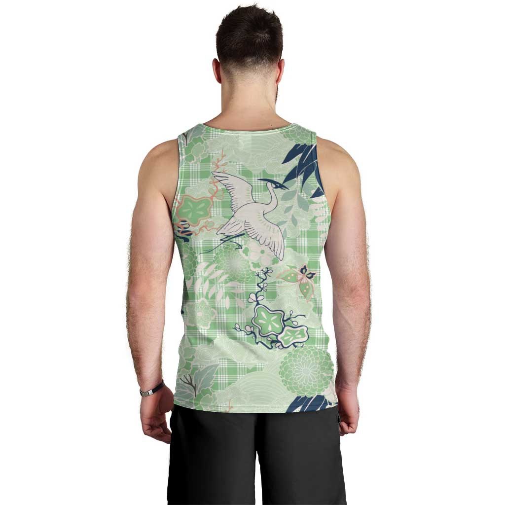 Green Palaka Crane and Flowers Men Tank Top Japan Heritage Spirit - Polynesian Pride