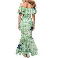 Green Palaka Crane and Flowers Mermaid Dress Japan Heritage Spirit - Polynesian Pride