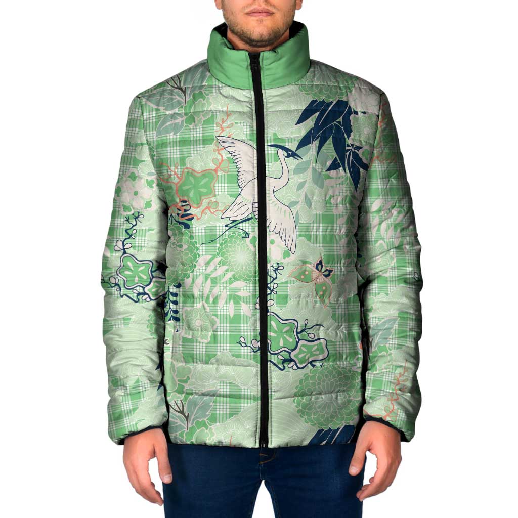 Green Palaka Crane and Flowers Padded Jacket Japan Heritage Spirit LT9 Men Green - Polynesian Pride