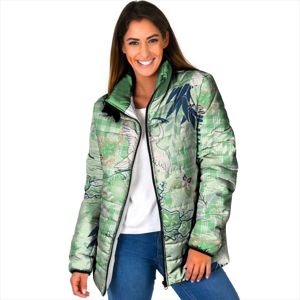 Green Palaka Crane and Flowers Padded Jacket Japan Heritage Spirit - Polynesian Pride