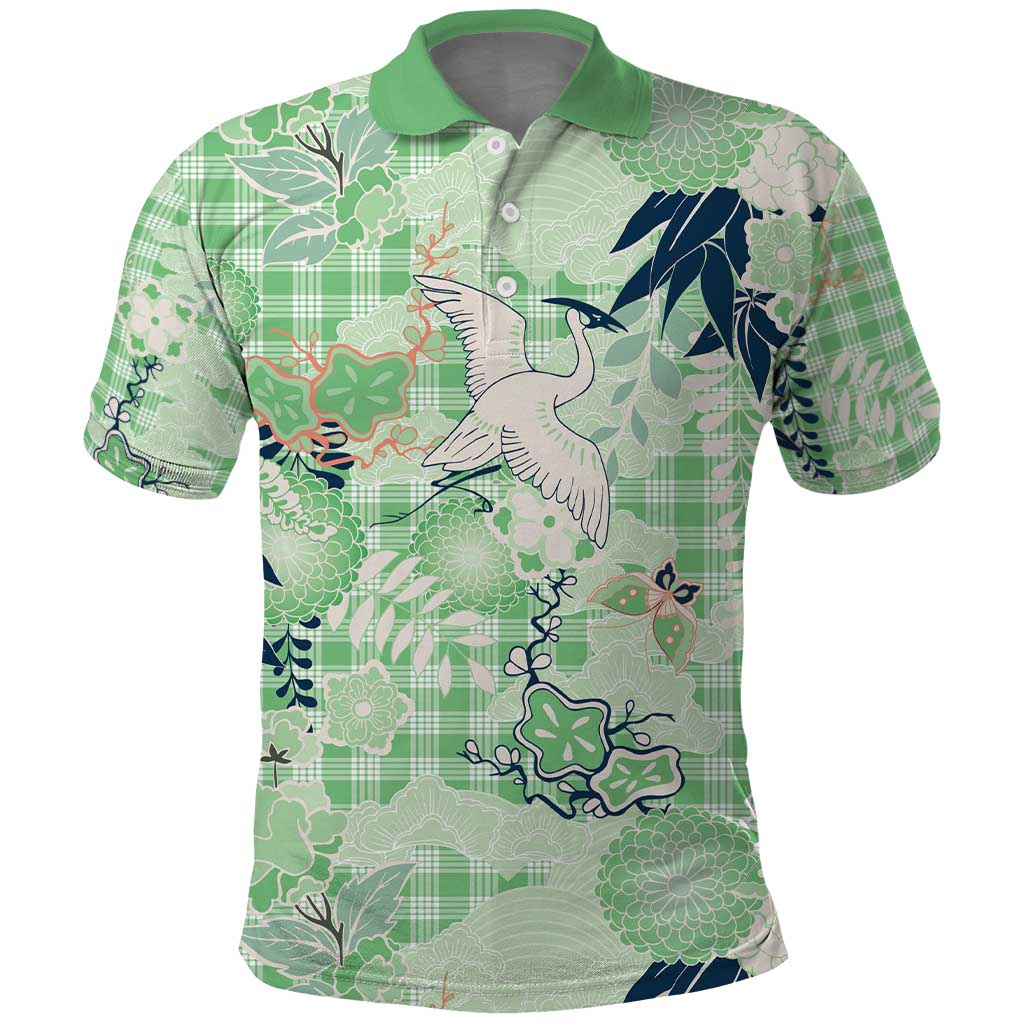 Green Palaka Crane and Flowers Polo Shirt Japan Heritage Spirit - Polynesian Pride