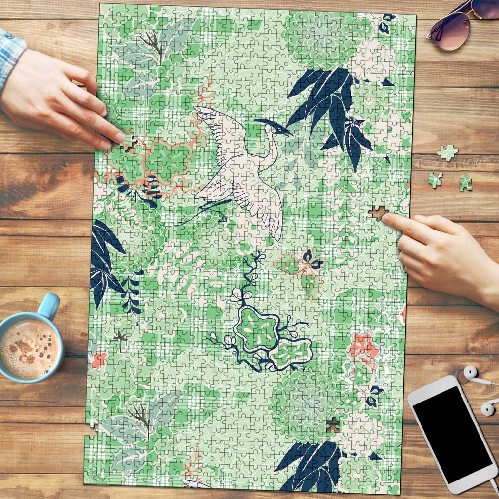 Green Palaka Crane and Flowers Puzzle Japan Heritage Spirit LT9 Green - Polynesian Pride