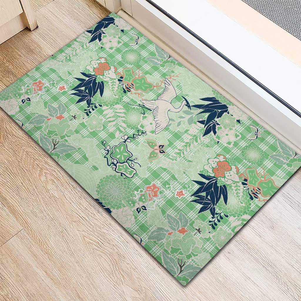 Green Palaka Crane and Flowers Rubber Doormat Japan Heritage Spirit LT9 - Polynesian Pride