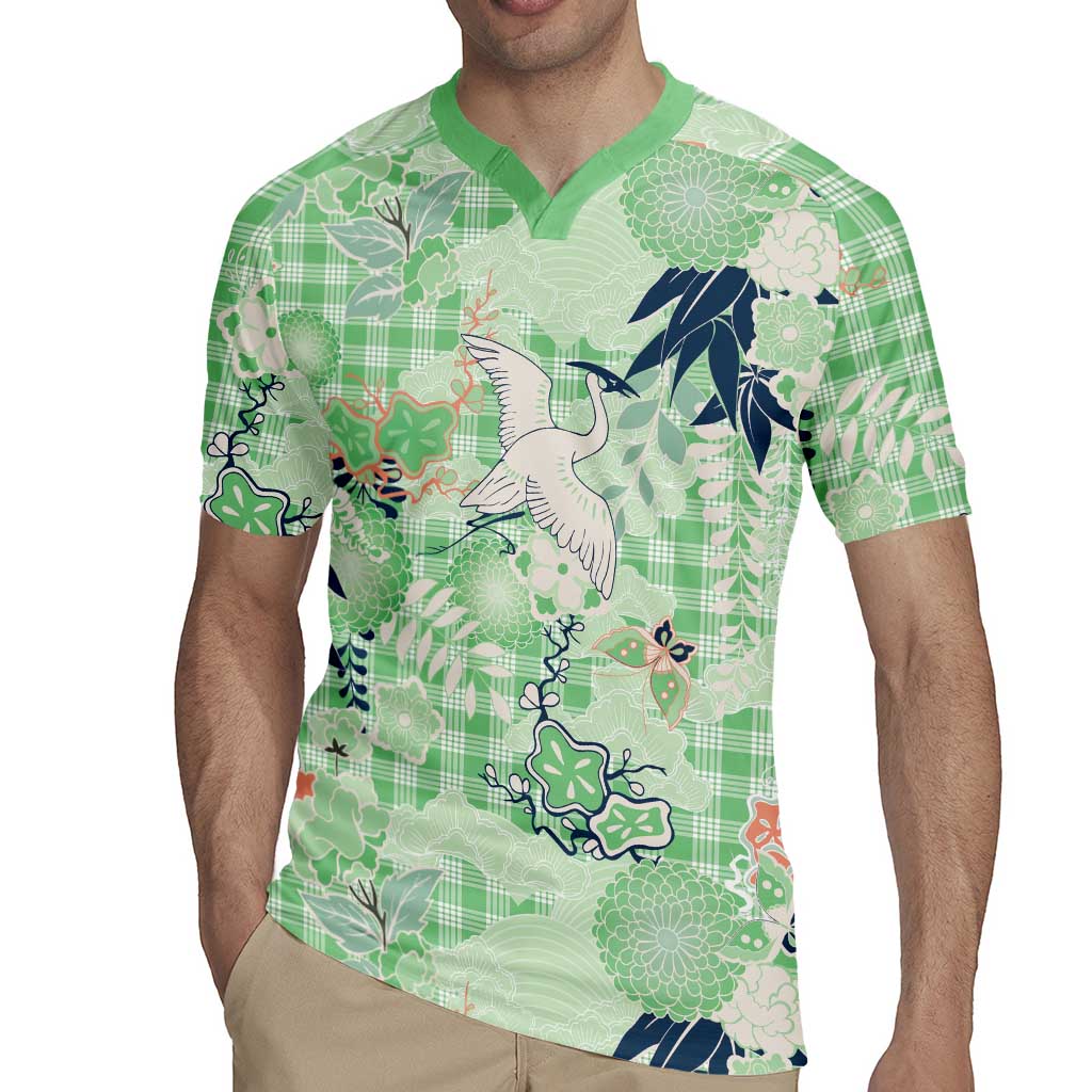 Green Palaka Crane and Flowers Rugby Jersey Japan Heritage Spirit - Polynesian Pride